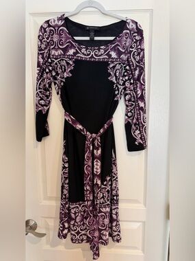 INC International Concepts Black and Purple Paisley Belted Midi Dress